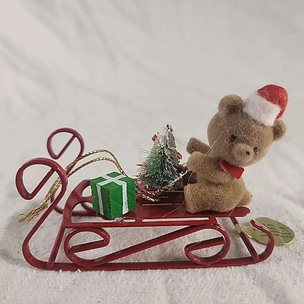 Red Metal Sled Christmas Ornament With Flocked Teddy Bear & Presents Russ Berrie
