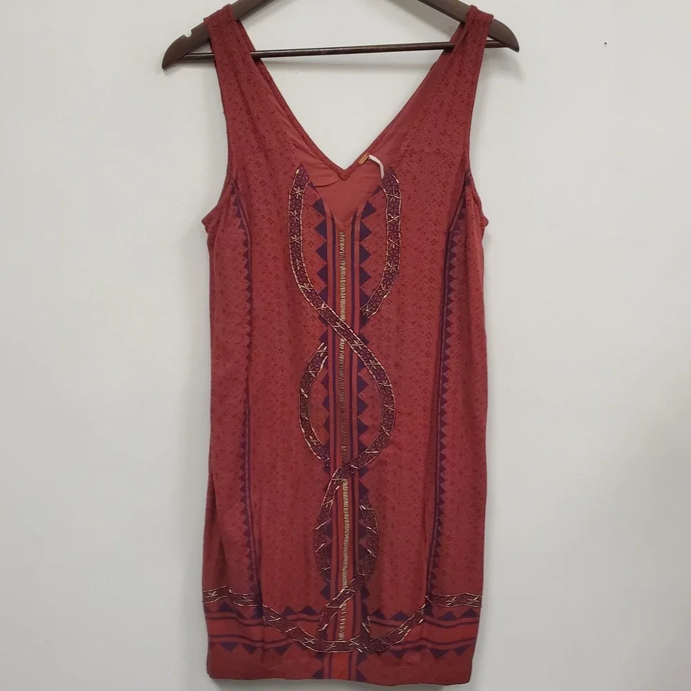 Free People Womens Beaded‎ Sequin Mini Dress Size XS Red Sleeveless Bohemian
