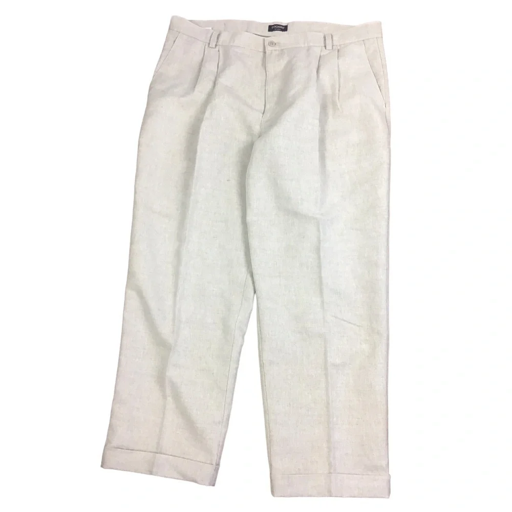 Dockers Khaki Men’s 42x30 No Wrinkle Linen Relaxed Pleated Slacks in Ecru