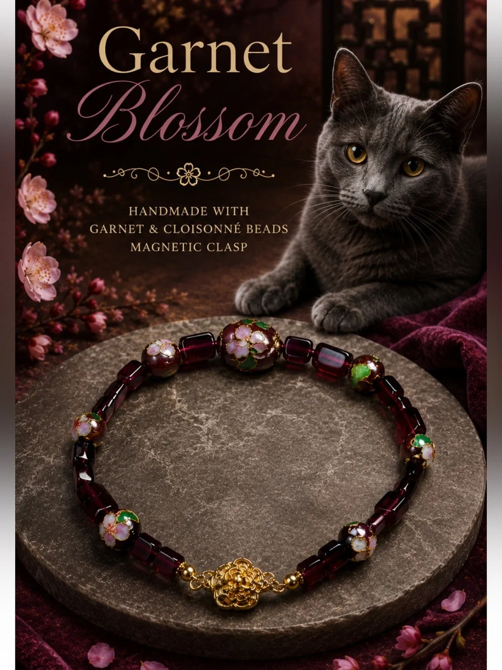 Garnet & Cloisonné Bracelet with Gold Magnetic Clasp
