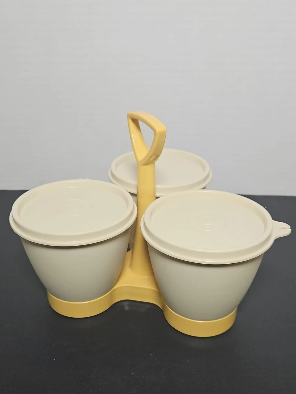 Vintage Tupperware Almond and Harvest Gold Condiment Caddy Set (model 757)