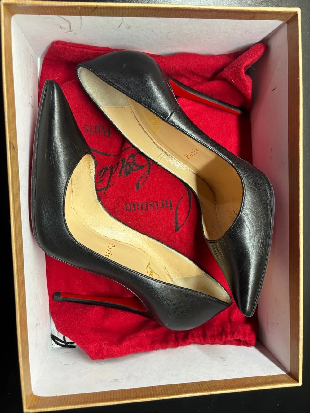 Christian Louboutin Black Leather Pointed Toe Stiletto Pumps with Red Soles