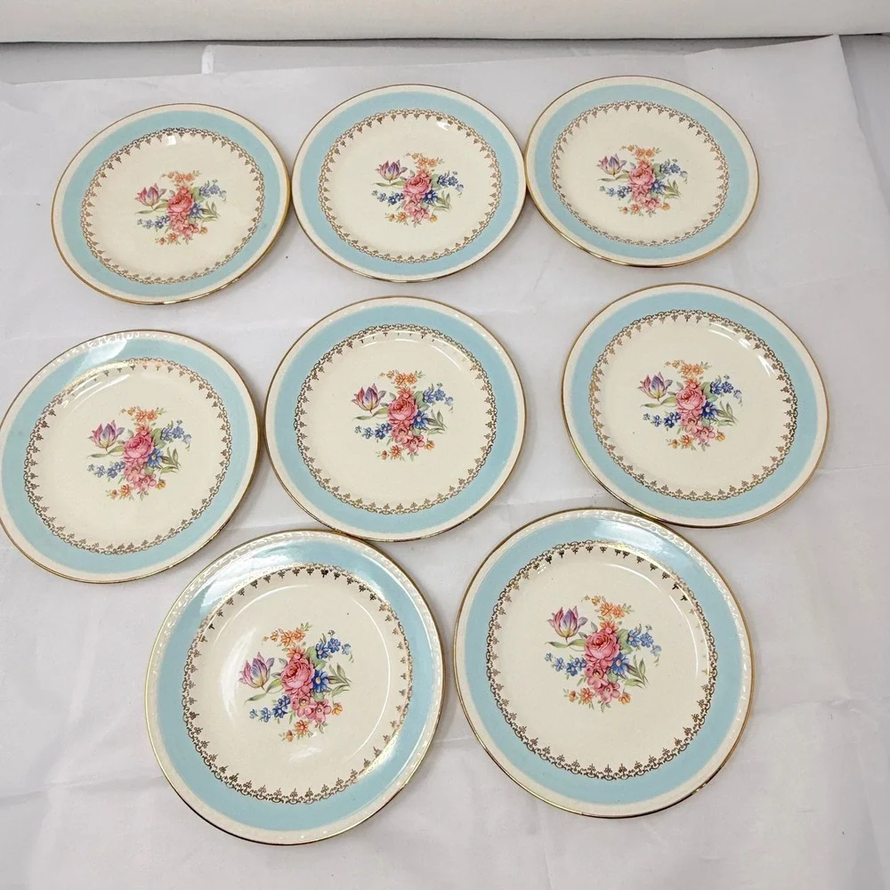 Homer Laughlin Eggshell Georgian Blue Floral Bread Plates Set of 8 Vintage