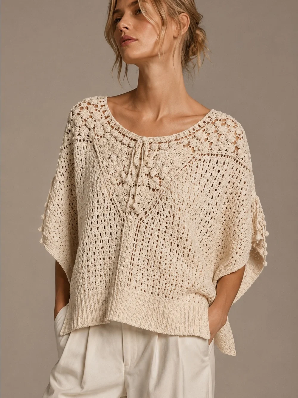 Anthropologie Rose Neutra Crochet Pullover Sweater Cream Ivory Boho M
