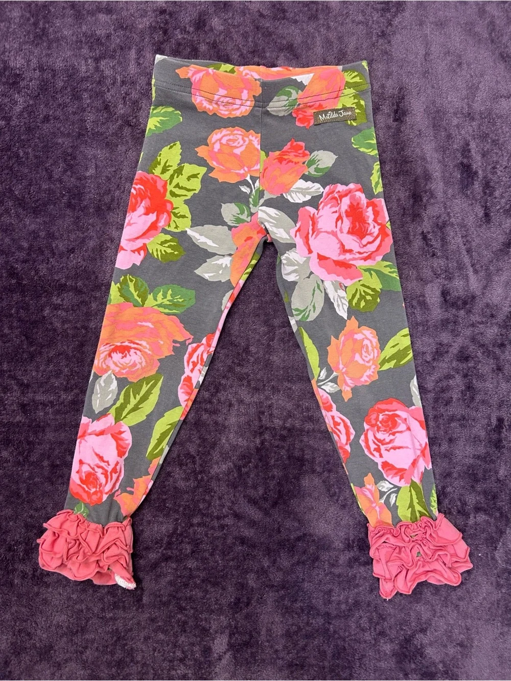 Matilda Jane Gray Leggings with Pink & Green Floral Print and Pink Ruffle Cuffs