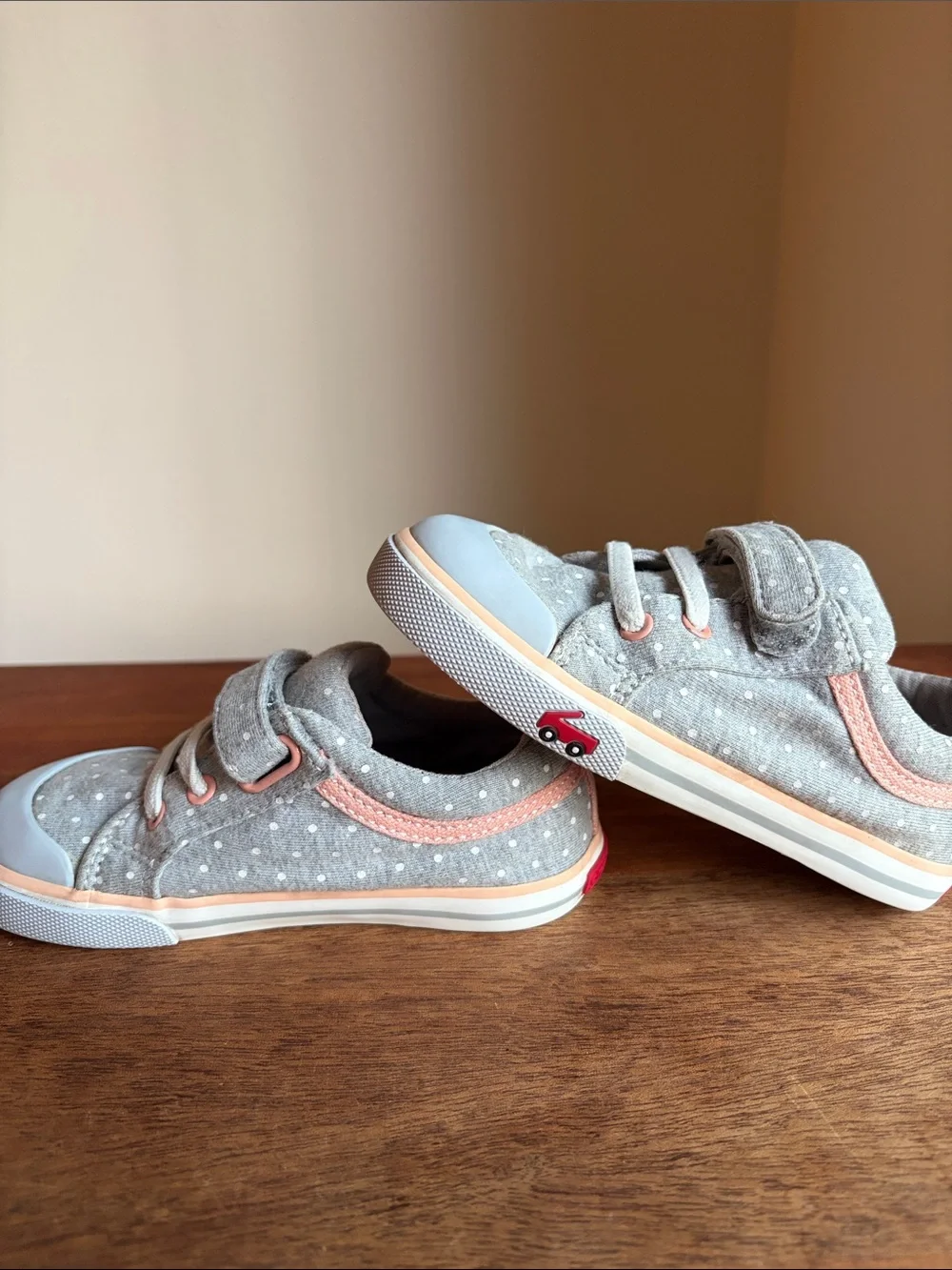 See Kai Run Kristin Grey Polka Dot Sneakers with Pink Accents