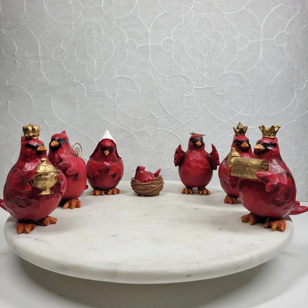 Slifka Cardinal Nativity 7 Pc Set Red Resin Christmas Birds Decor Folk Art