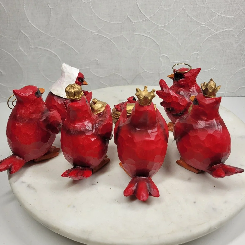 Slifka Cardinal Nativity 7 Pc Set Red Resin Christmas Birds Decor Folk Art