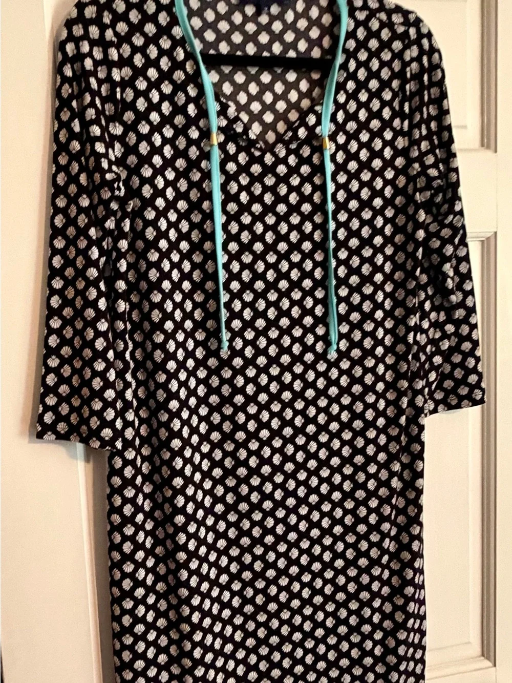 Jones New York Black and White Printed Swim Coverup with Turquoise Drawcord