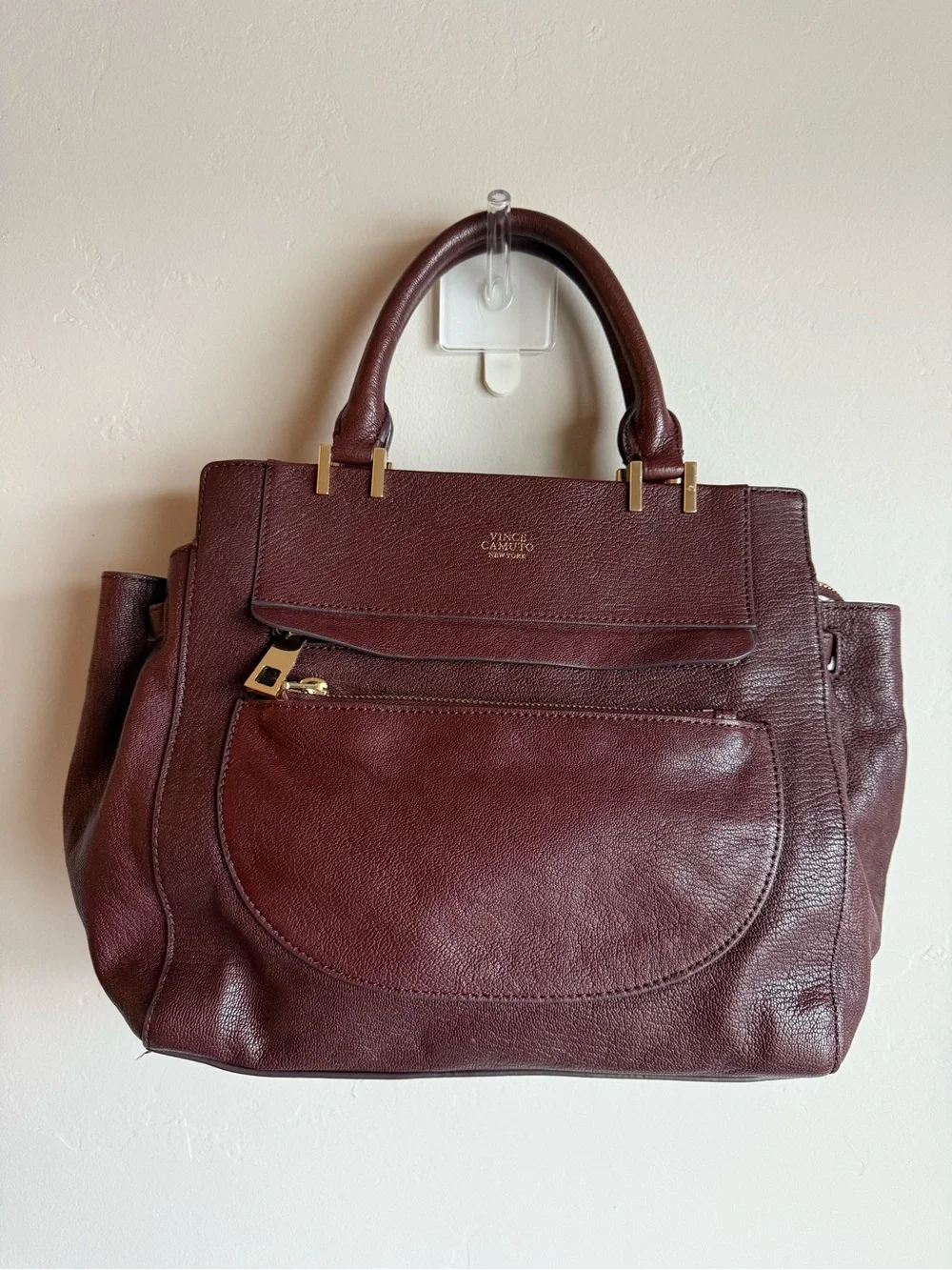 Vince Camuto burgundy chocolate brown Pebbled Leather Ayla Satchel
