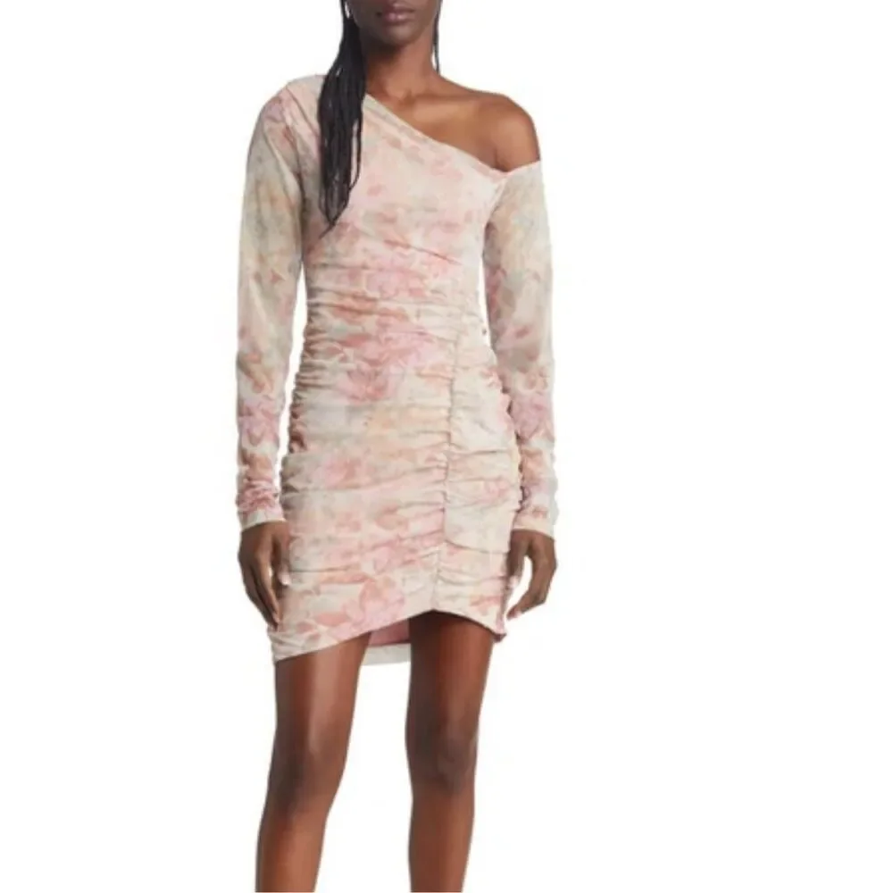 Free People Womens Chloe One Shoulder Ruched Bodycon Dress Multicolor Small NWT‎