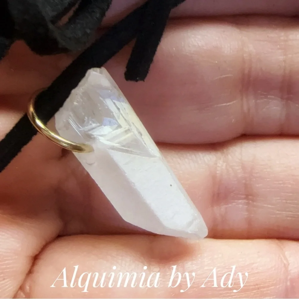 Black long suede cord and raw white quartz stone pendant + minimalism