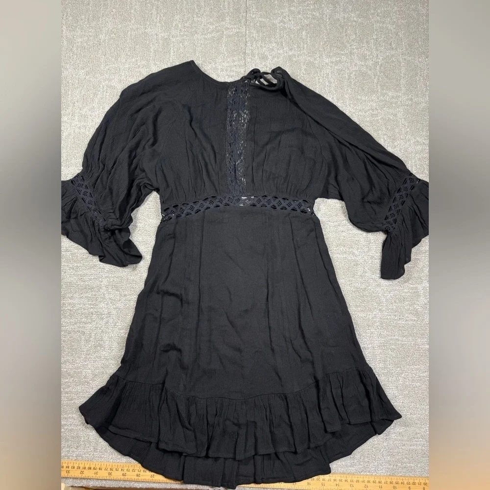 Free People Black Bell Sleeve Boho Open Back Button Down Lagnelook Dress Sz XS