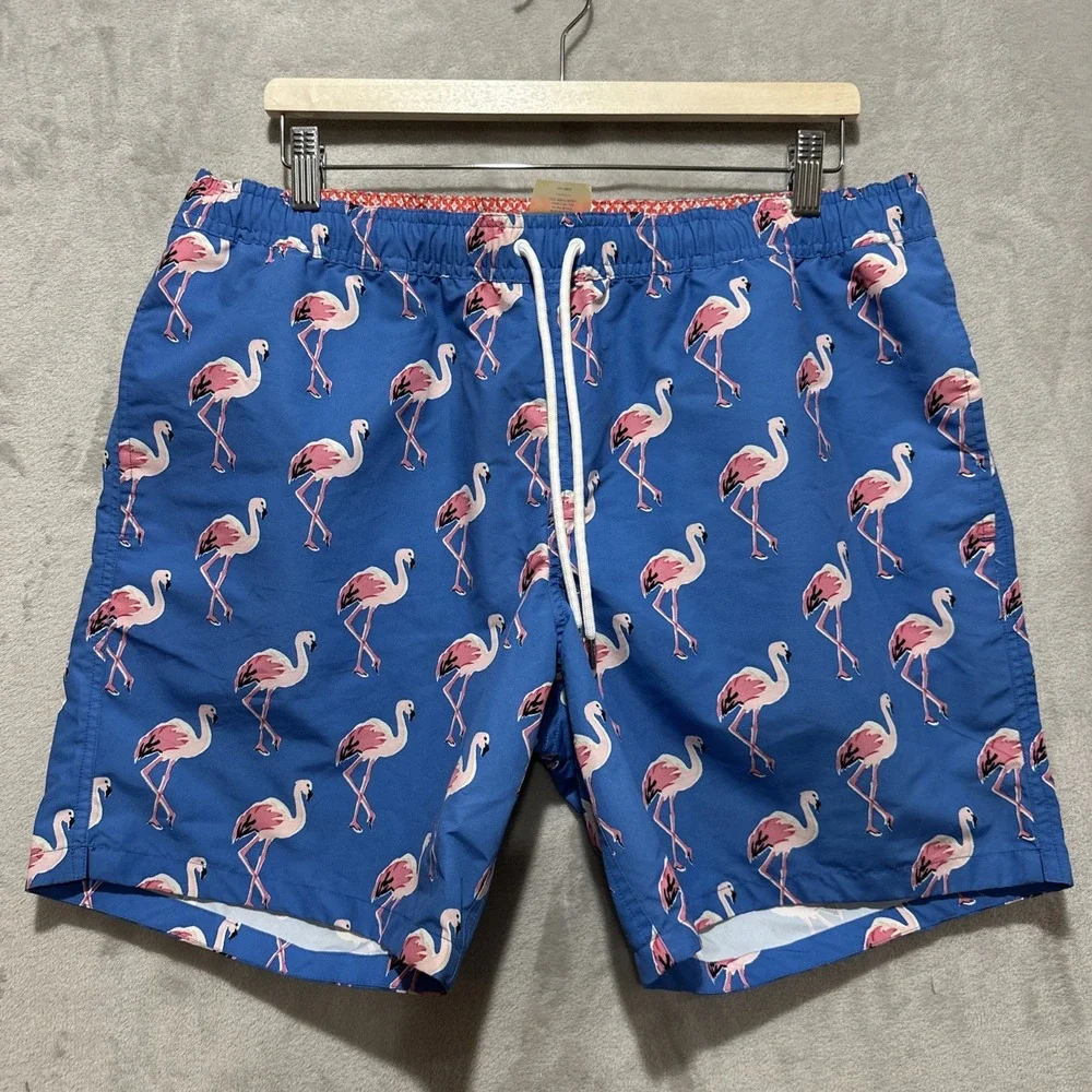 Bonobos Royal Blu Pink Flamingo Print Swim Trunks Size L Drawstring Pockets Logo