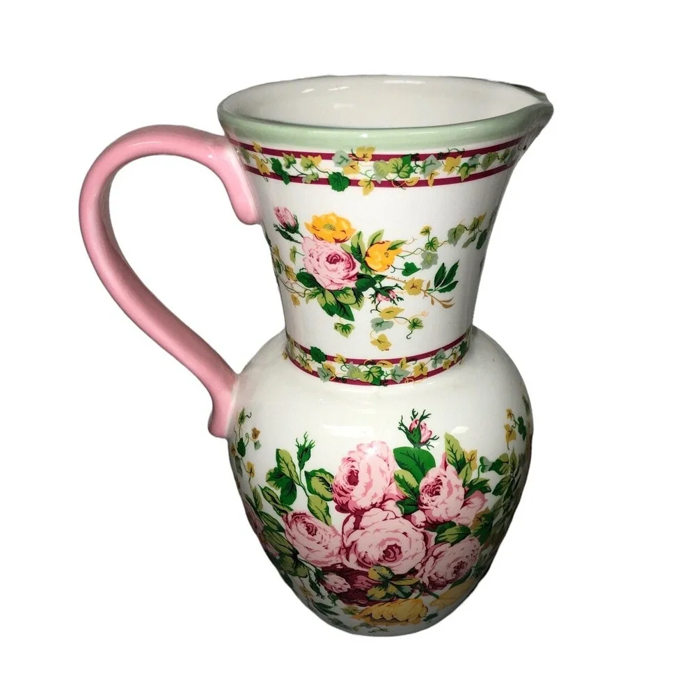 Vintage Laura Ashley Home‎ Pink Roses Pitcher Vase 7 1/2