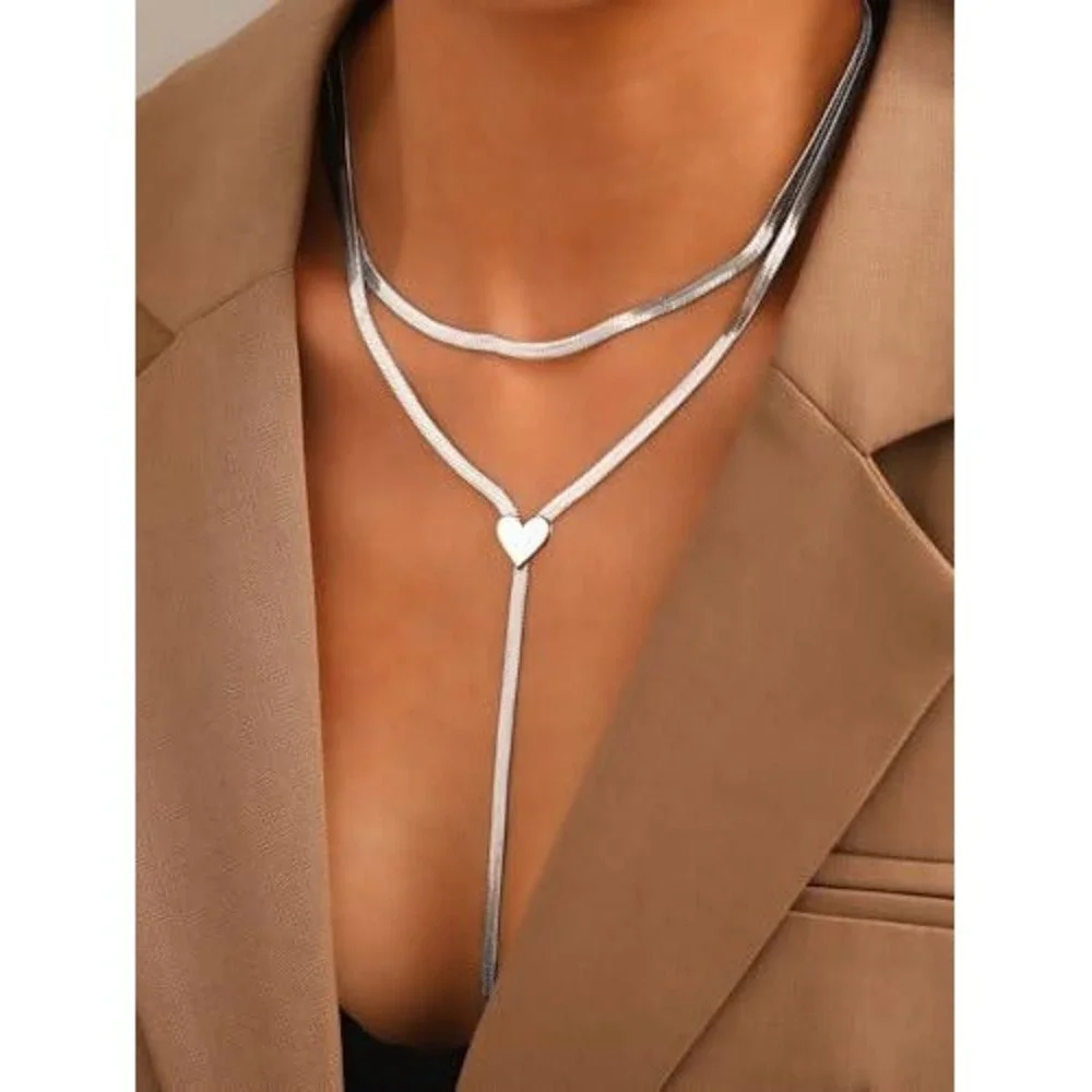 Silver Layered Herringbone Snake Chain Heart‎ Lariat Necklace Set