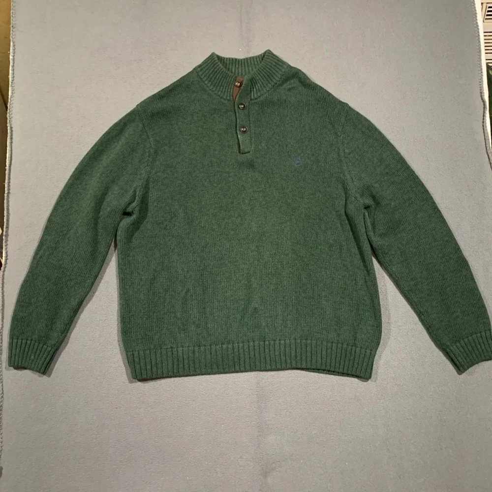 Chaps Sweater Mens XL Green Cotton Quarter Button Elbow Patches Mock Neck