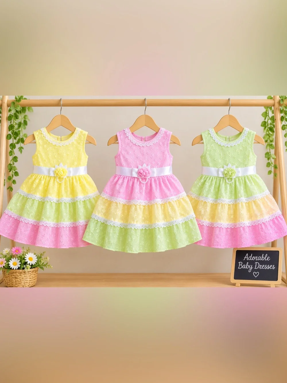 NWT Pastel Tiered Lace Satin-Belt Girls' Party Dress