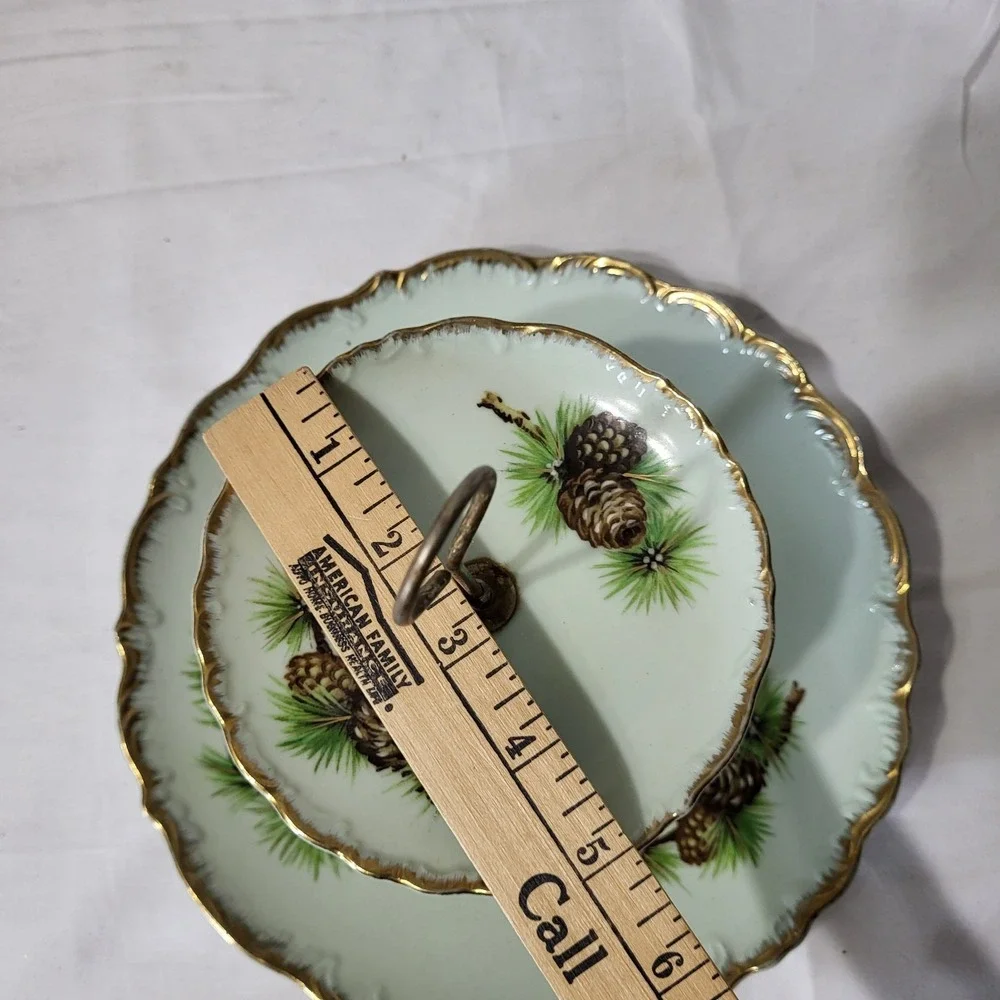 Vintage 2-tier Display Plate Stand Green Gold Edge and Pine Cone Pattern Japan