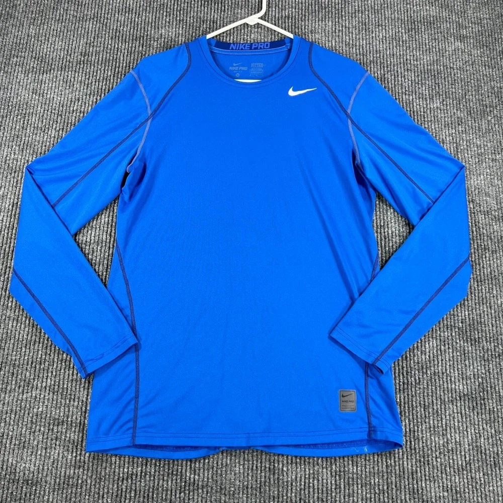 Nike Pro Shirt Mens Medium Blue Long Sleeve Fitted Workout Active Athletic Gym‎
