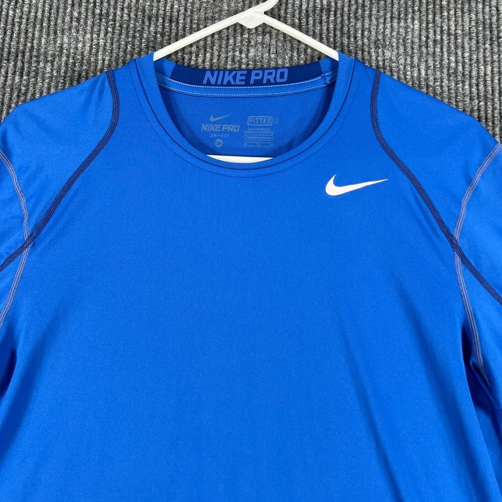 Nike Pro Shirt Mens Medium Blue Long Sleeve Fitted Workout Active Athletic Gym‎