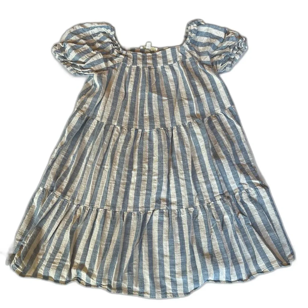 Chelsea & Violet Cotten-Linen Blue/white Stripe  Tiered Lined Dress Size Girls L