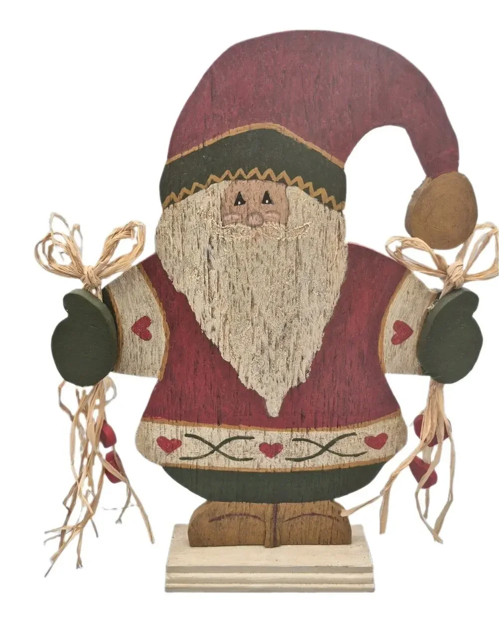 Vintage Tole Painted Wood Santa with Red Hearts Free-standing 15x11x2