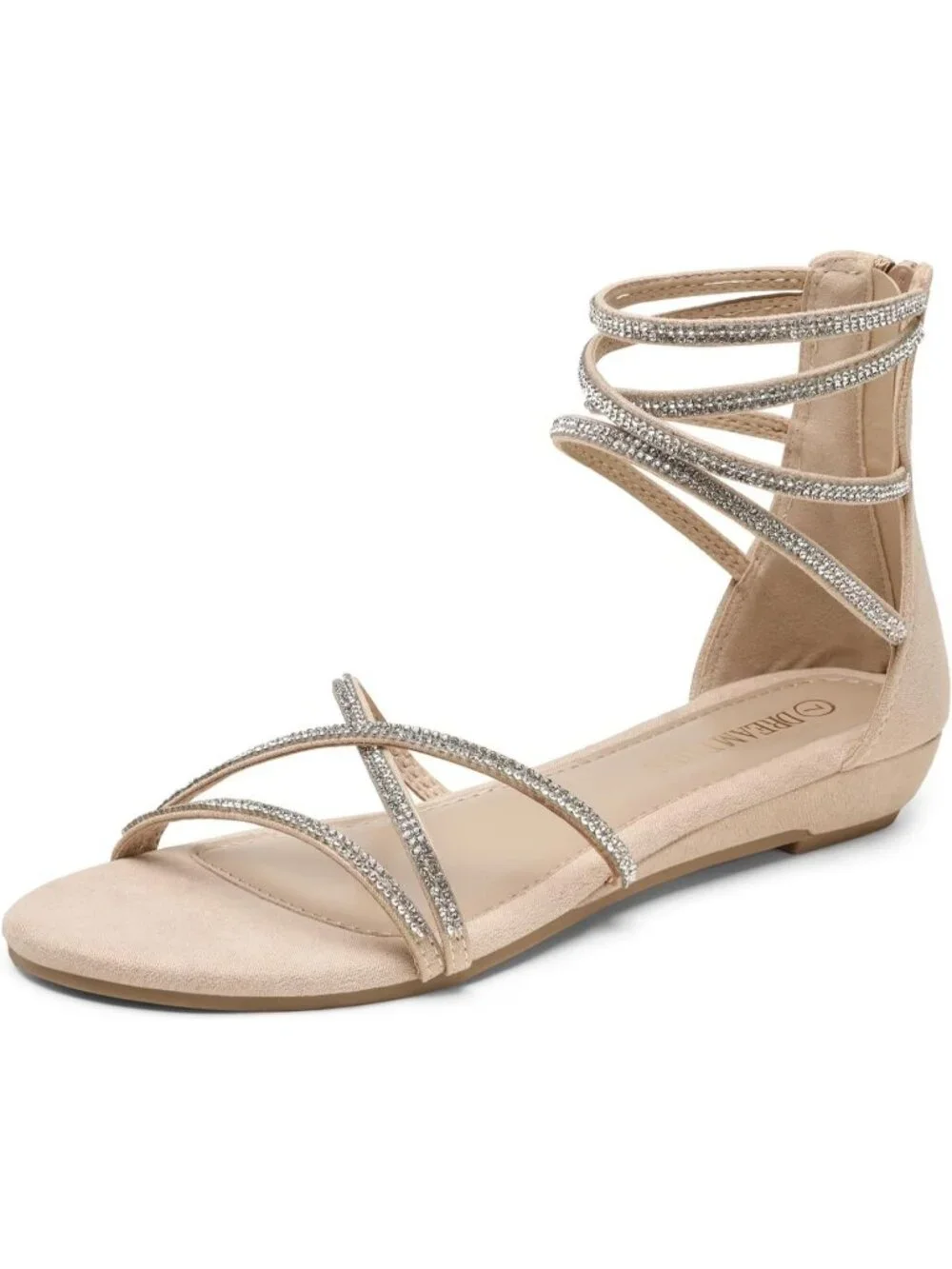 Women's Nude Rhinestones Gladiator Flat Sandals Ankle Strap Comfortable Zip