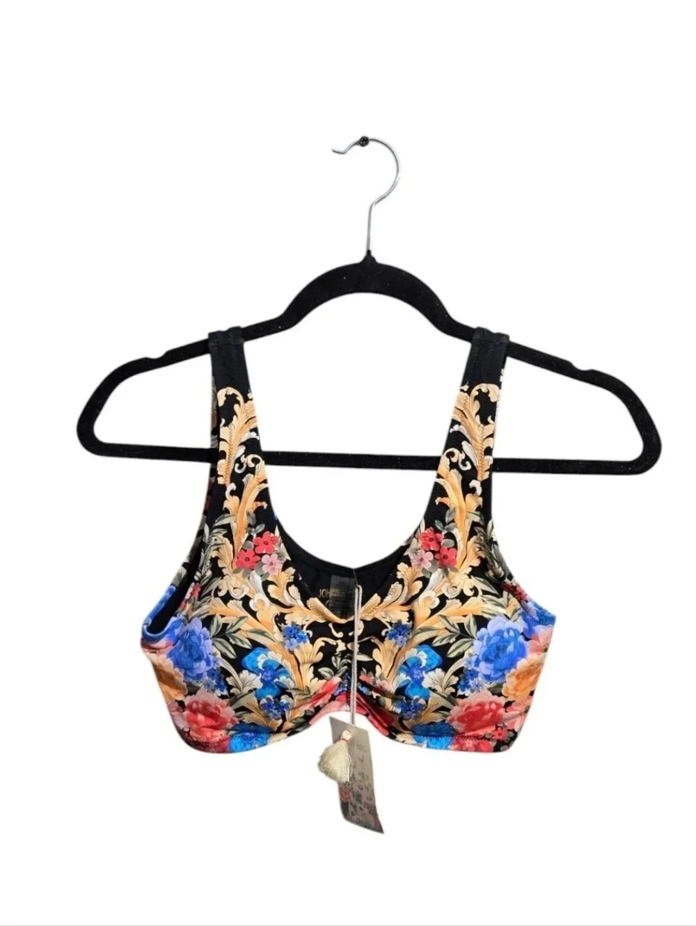 Johnny Was Black Royal Floral Ruched Bikini Top XS
