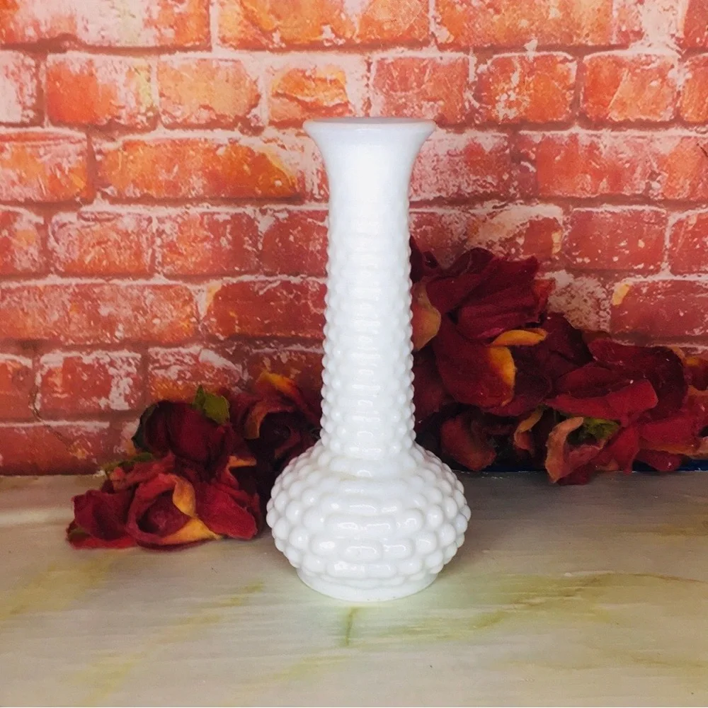 Vintage MCM E.O. Brody Co. White Milk Glass Hobnail Bud Vase