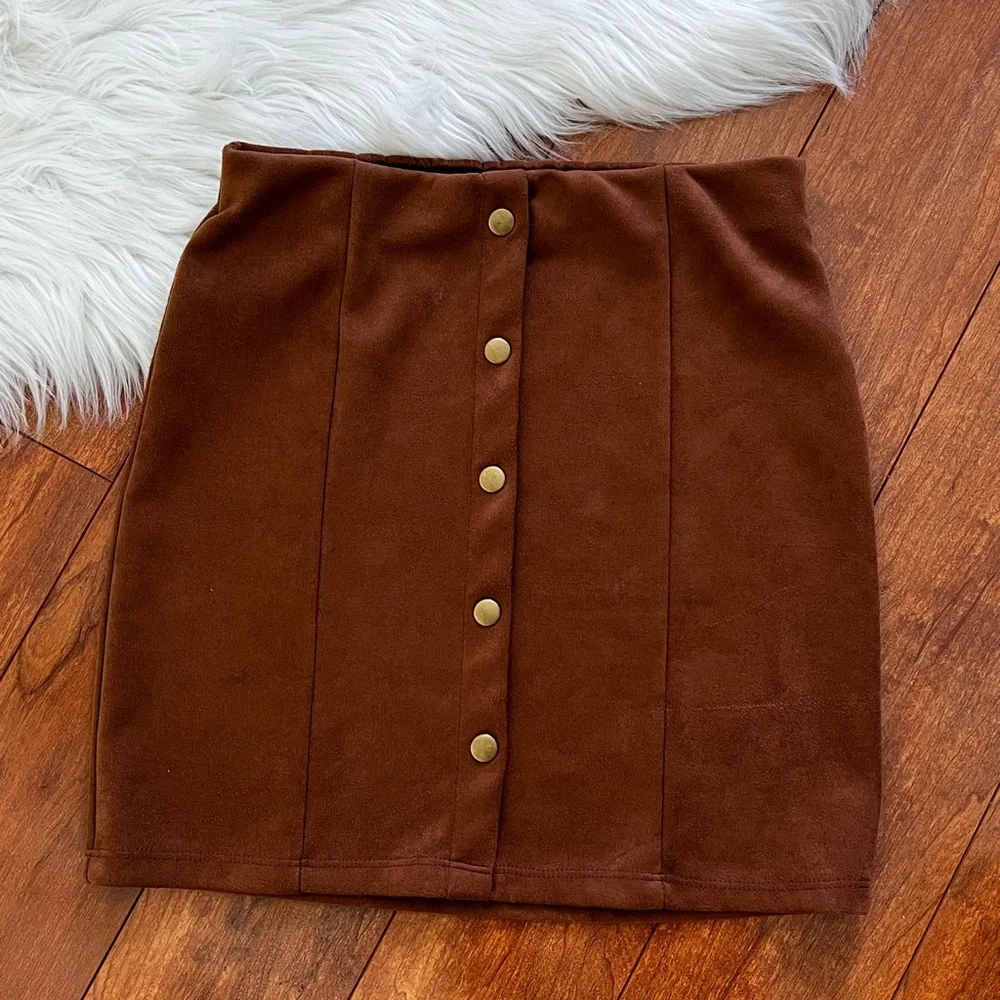 Danbee Brown Faux Suede Stretch Mini Skirt-Size S