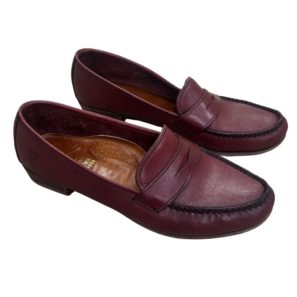 Frye Womens Burgundy Leather Penny Loafers Handsewn Made in USA Oxblood 8.5M
