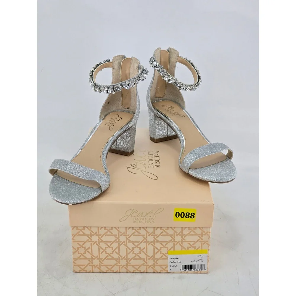 Jewel Badgley Mischka Catalina Heels Womens 8 Silver Glitter Crystal - NEW