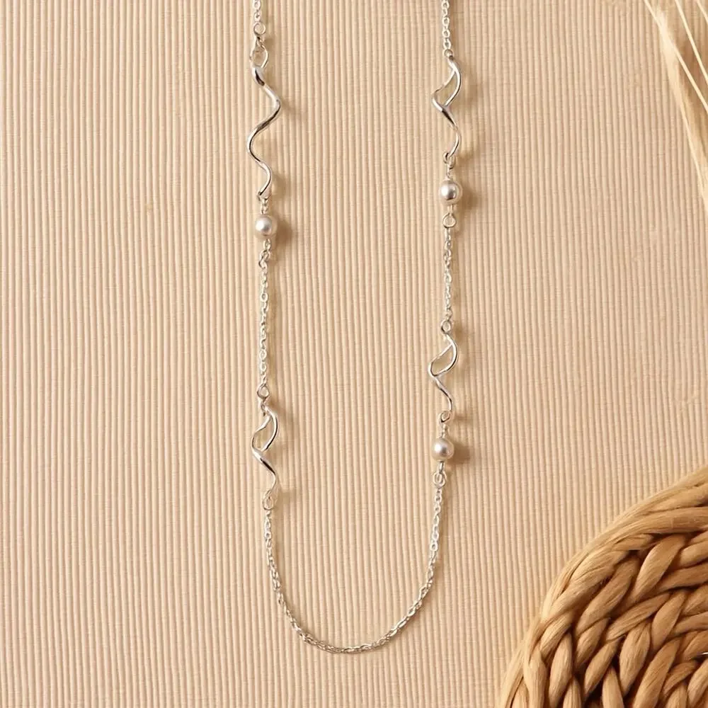 George Essentials Silver Tone Swirl & Bead Long Necklace 26” + 3” Extender Hypoa
