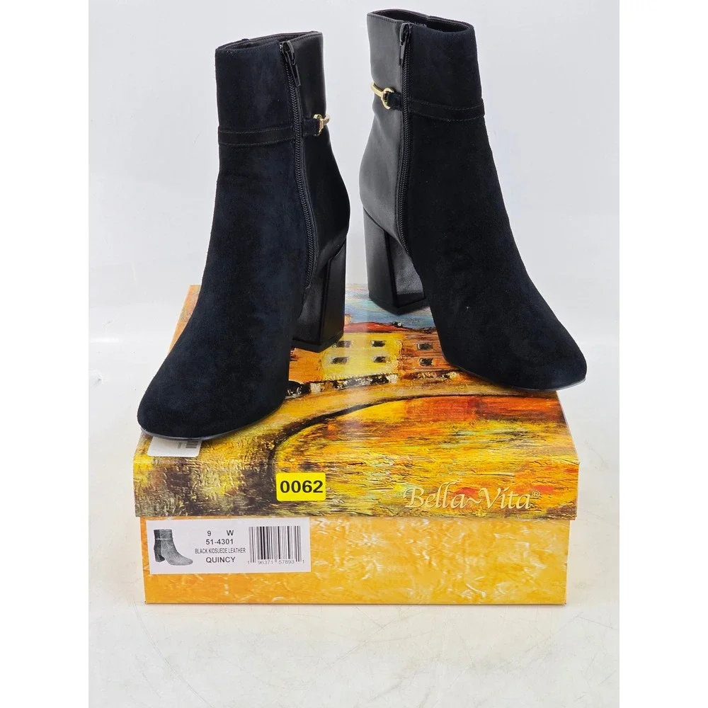 Bella Vita Quincy Booties Womens 9W Black Kidsuede Leather Ankle Boots - New