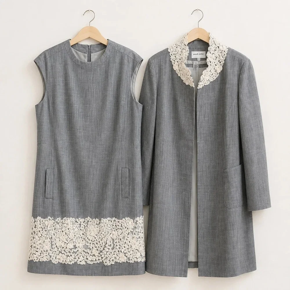 Pamella Roland 2 Pc Dress Coat Set Womens 18 Gray Luxe Floral Lace Trim Evening