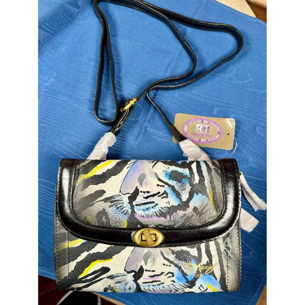 Sharif 1827 Hand Painted Tiger Zebra Leather Crossbody Bag Gold Interior NWT