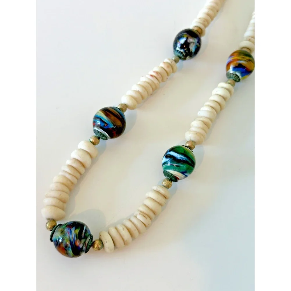 Necklace Murano Bead Swirl Multicolor‎ Off White Stones Chunky Barrel Clasp VTG