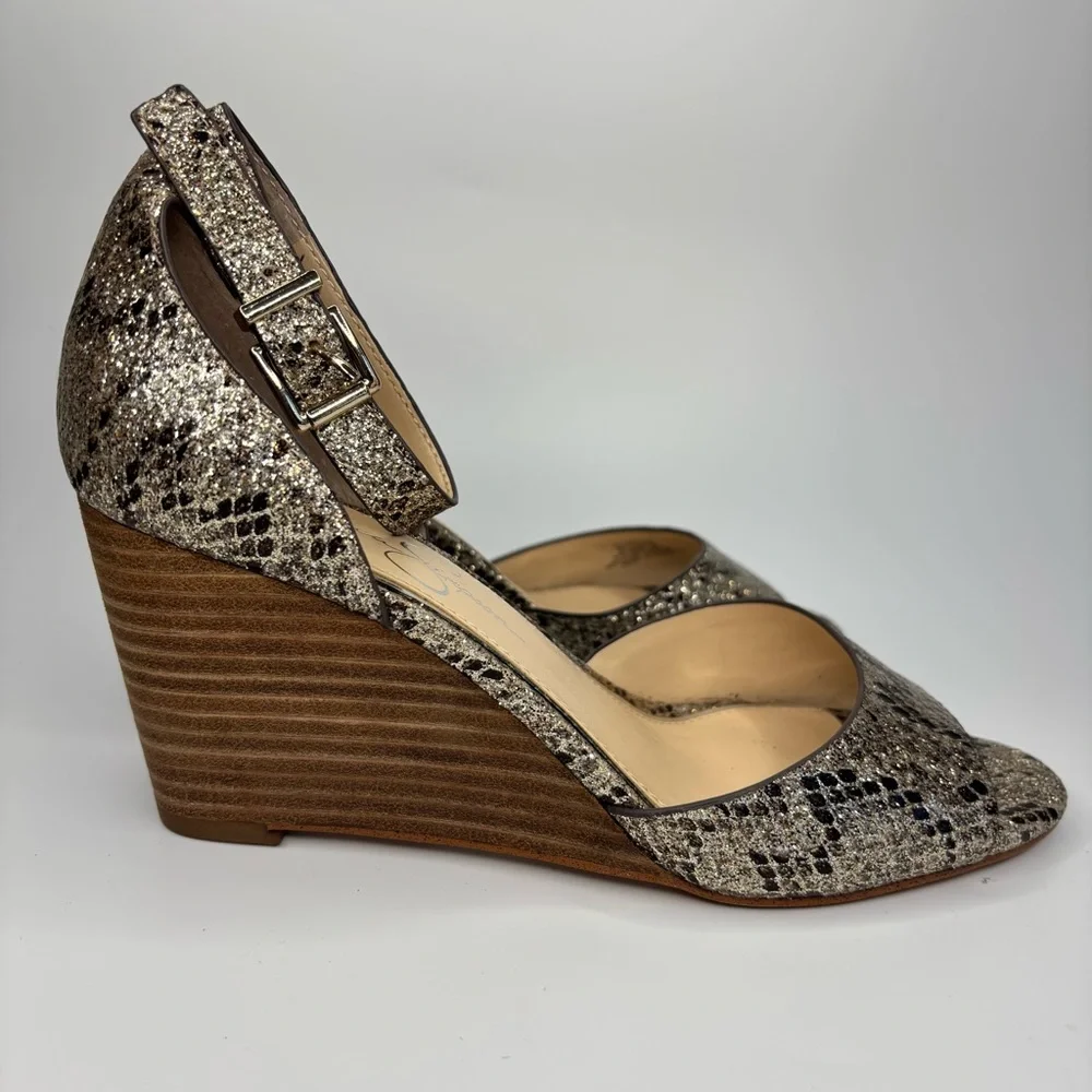 SH2 Jessica Simpson Cervena‎ Shimmery Snake Print Gold Wedge Party Sandals 8.5M