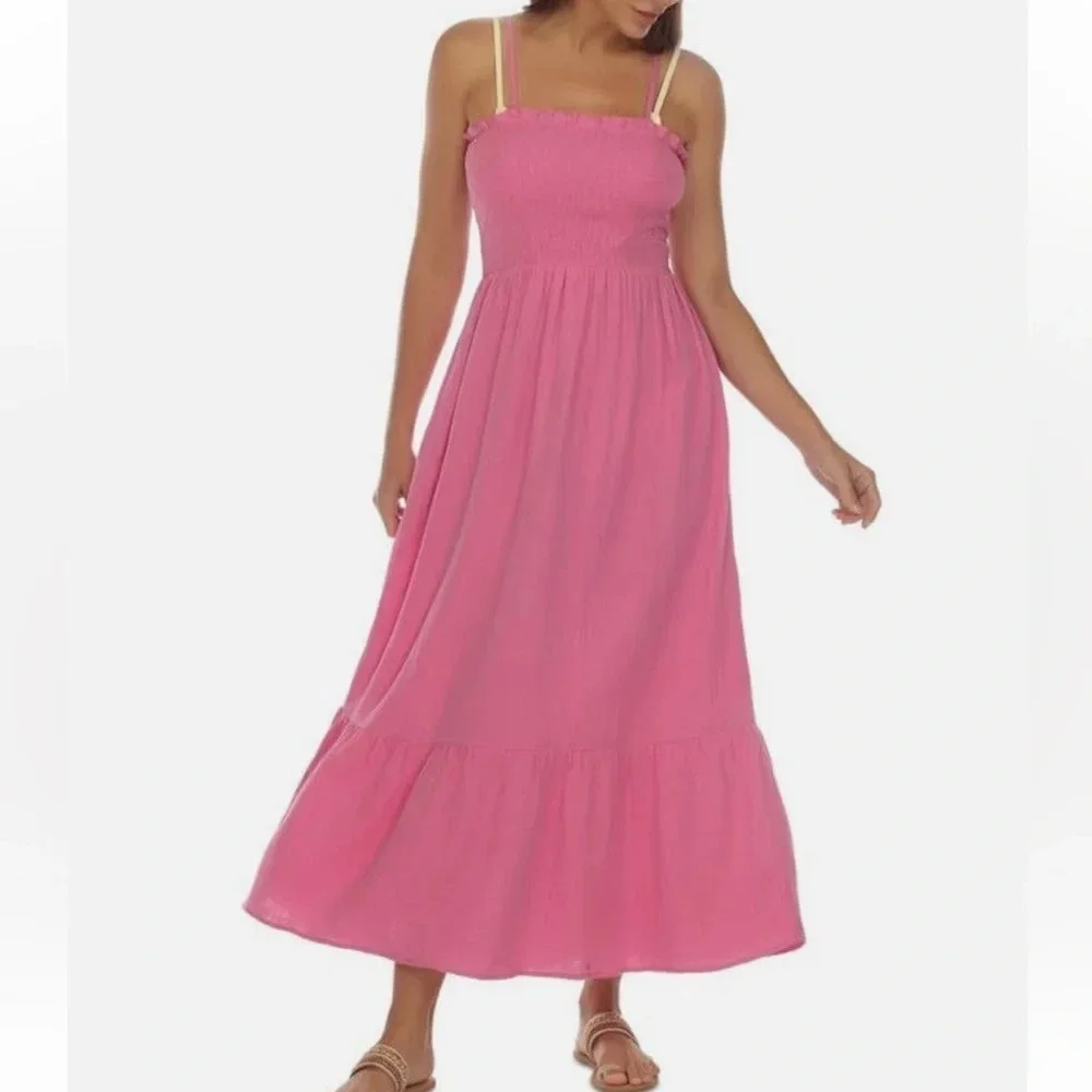 Raviya Womens XL Smocked Cotton Maxi Dress Swimsuit Cover Up in‎ Cove Pink 184