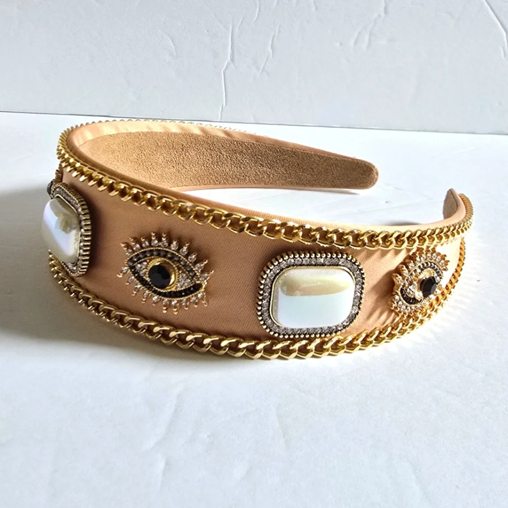 Embellished Tan Headband with Pearl And Gold  Accents