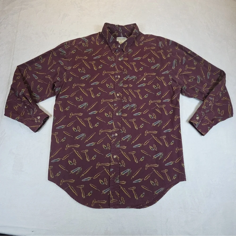 Vintage Banana Republic Safari Button Up Mens L Long Sleeve Feathers‎ Burgundy