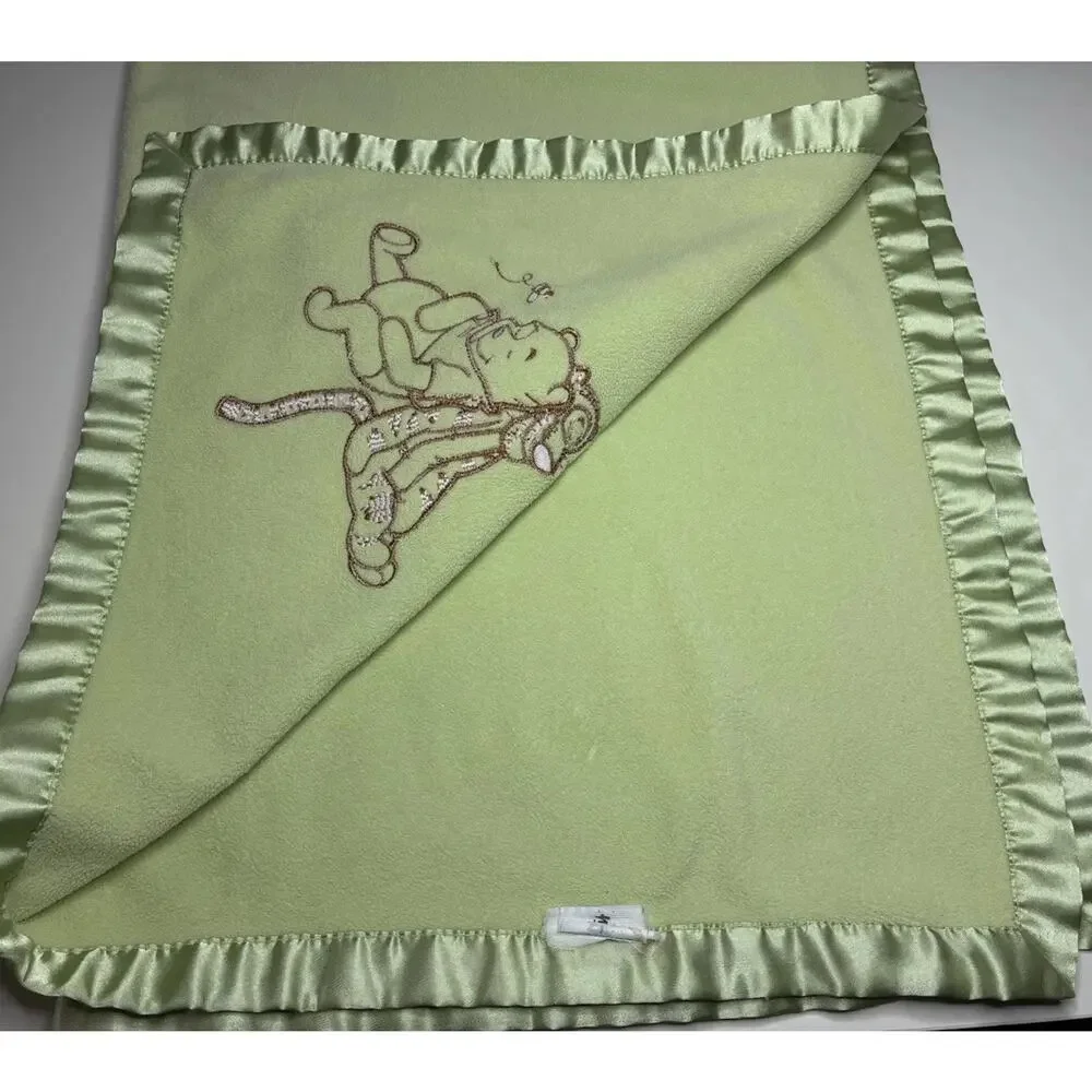 Vintage Disney Baby Winnie the Pooh Tigger Blanket Green Fleece Satin Sleeping
