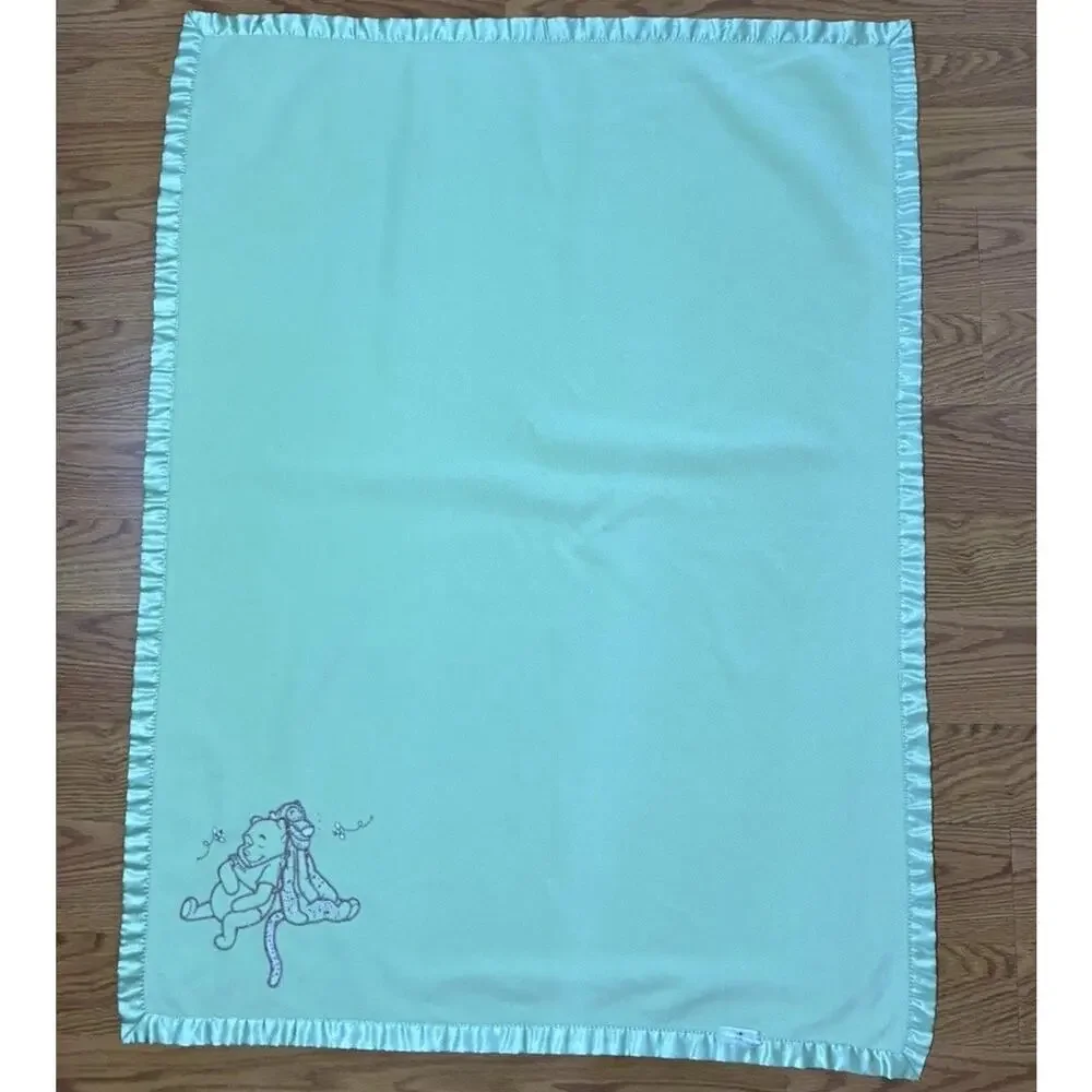 Vintage Disney Baby Winnie the Pooh Tigger Blanket Green Fleece Satin Sleeping
