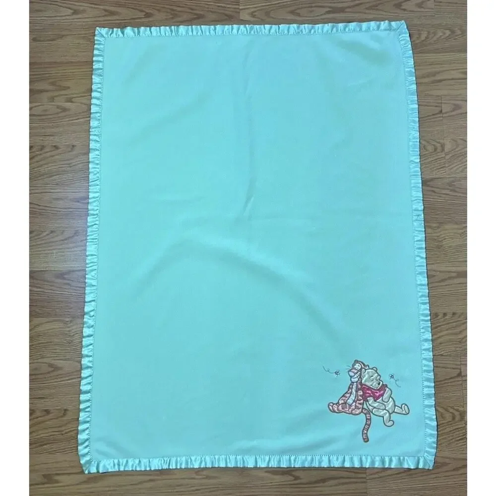 Vintage Disney Baby Winnie the Pooh Tigger Blanket Green Fleece Satin Sleeping