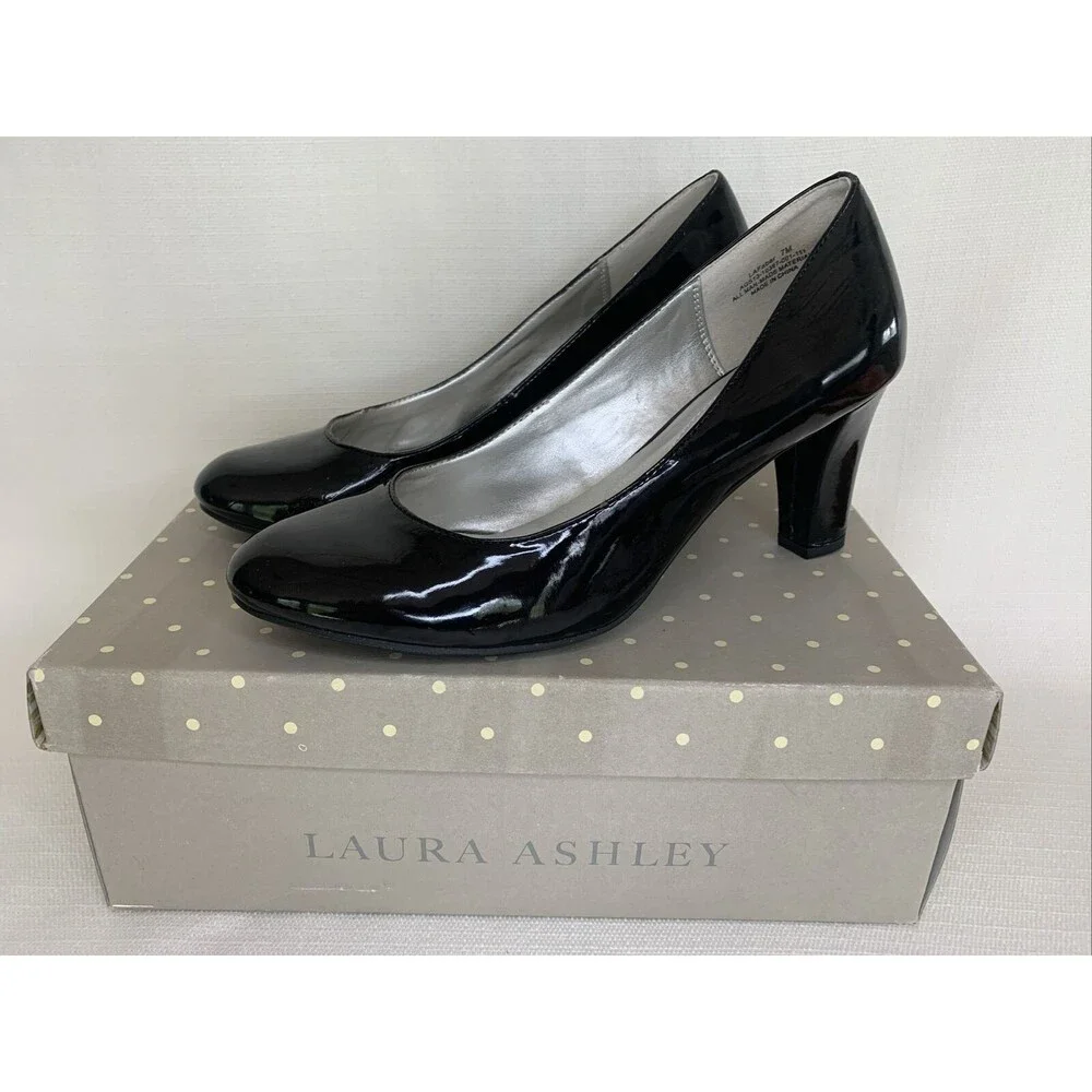 Laura Ashley Women’s Black Faux Patent Leather Heels‎ Pumps 7 M MF