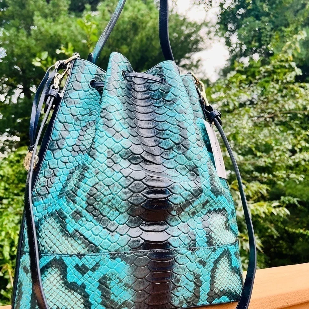 Brahmin Marlowe Blue Waterford Bucket Bag Leather NWT