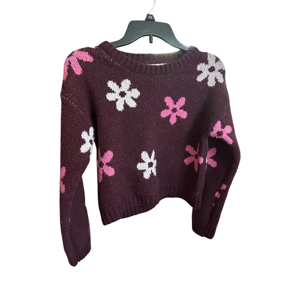 Kids SO Burgundy Flower‎ Power Sweater XS Extra Small Cozy Knit NWOT
