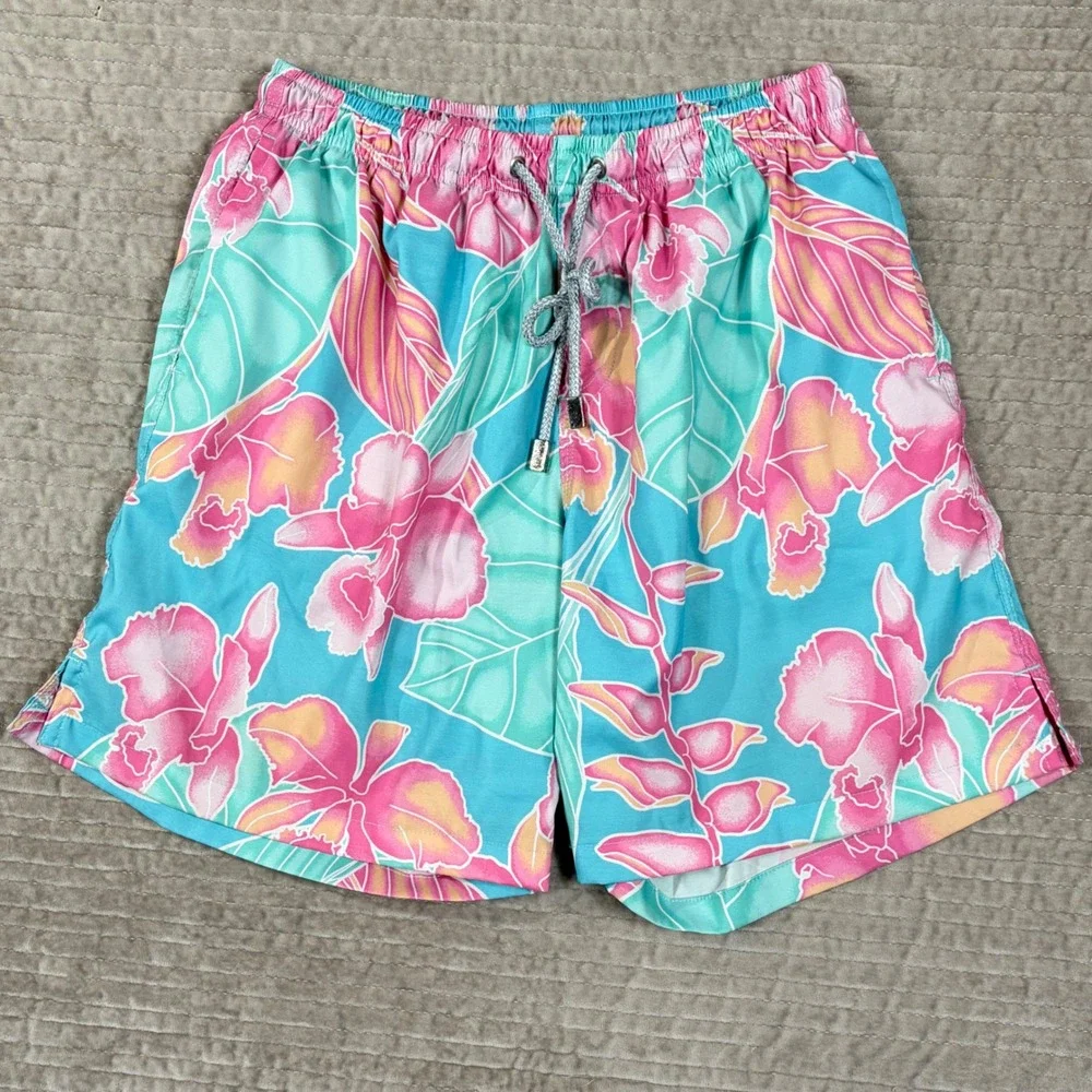 Kenny Flowers Mens Tropical Floral Swim Trunks Blue Pink Large Board Shorts