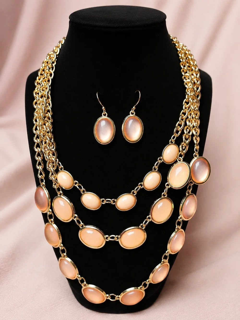 Elegant Gold-Tone Peach Cabochon Statement Necklace & Earring Set